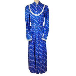 Vintage 70s Dress Set Long‎ Sleeve Lace High Neck Maxi Skirt Blue White Floral M